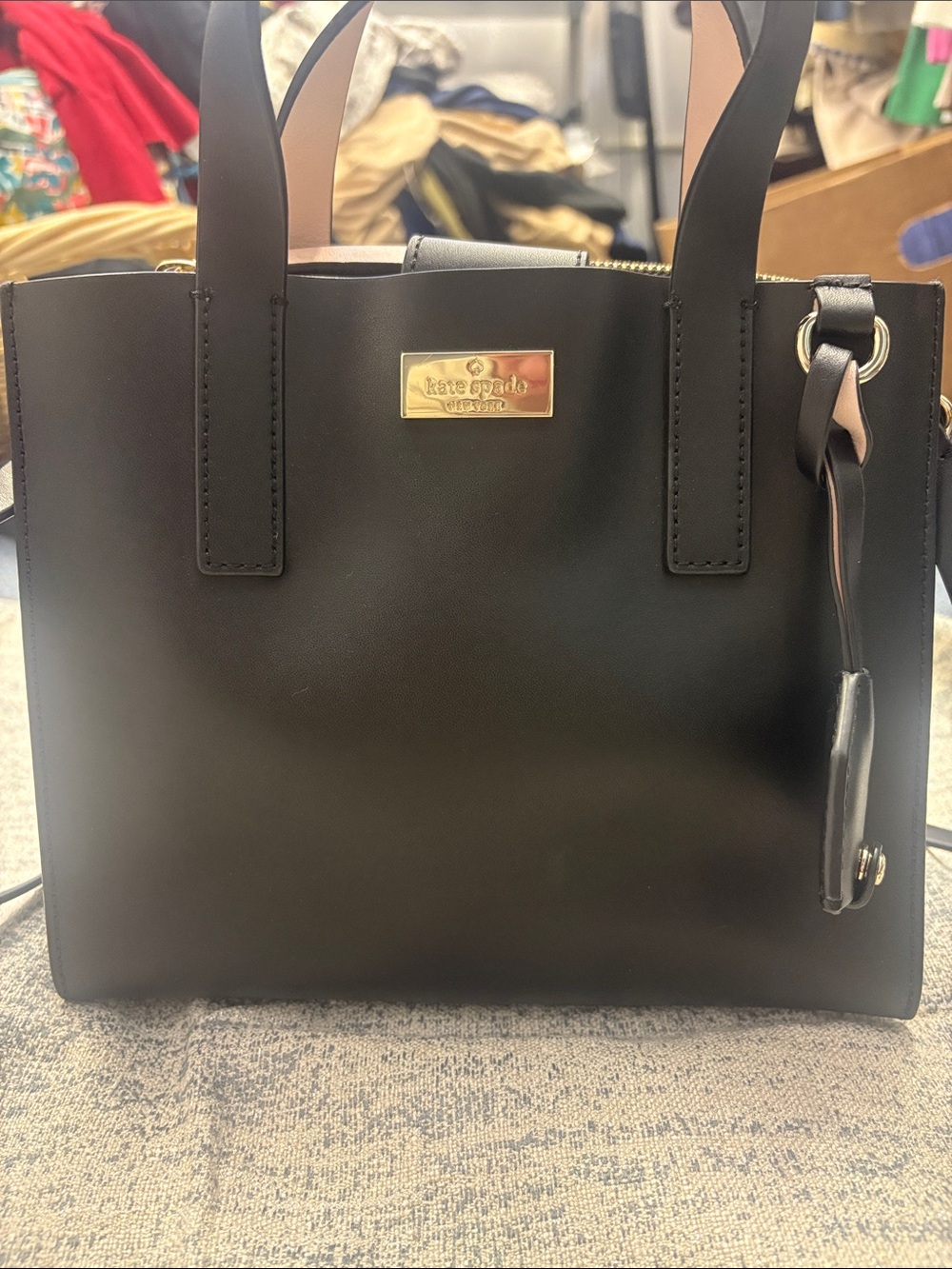 kate spade Black Leather Tote with Gold Plaque